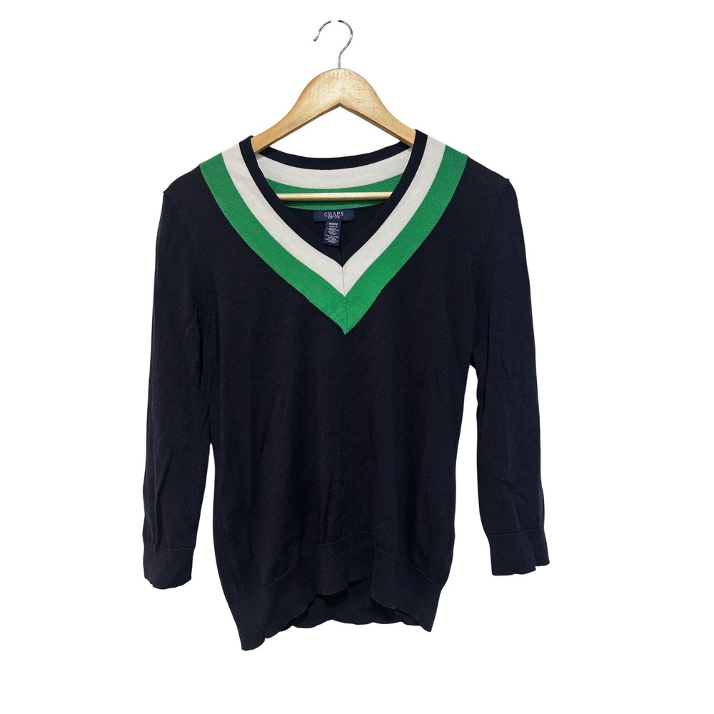Chaps Womens Navy Blue V-Neck Sweater Striped Trim Medium Preppy Fall Academia